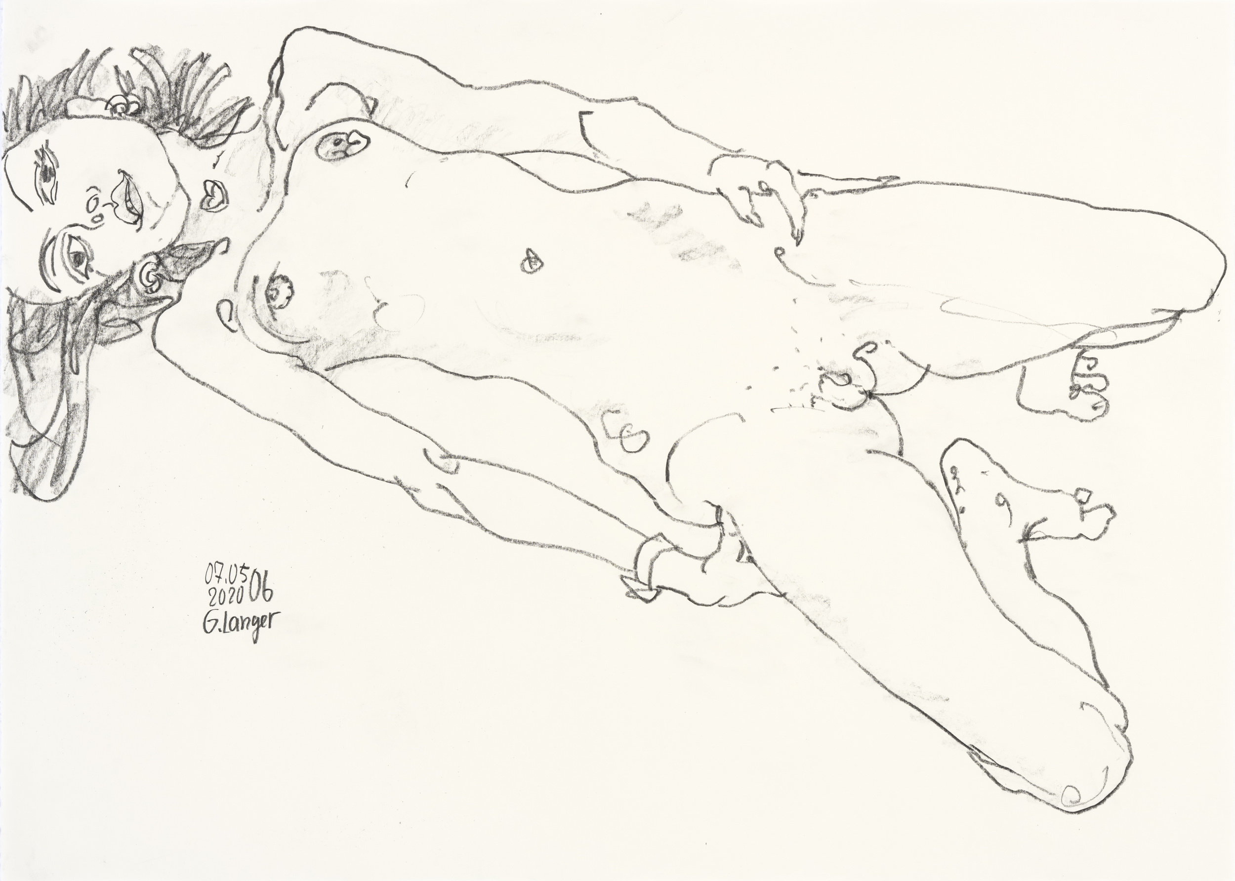 Gunter Langer, Liegendes nacktes Mädchen, 2020, Zeichenpapier, 51 x 70 cm
